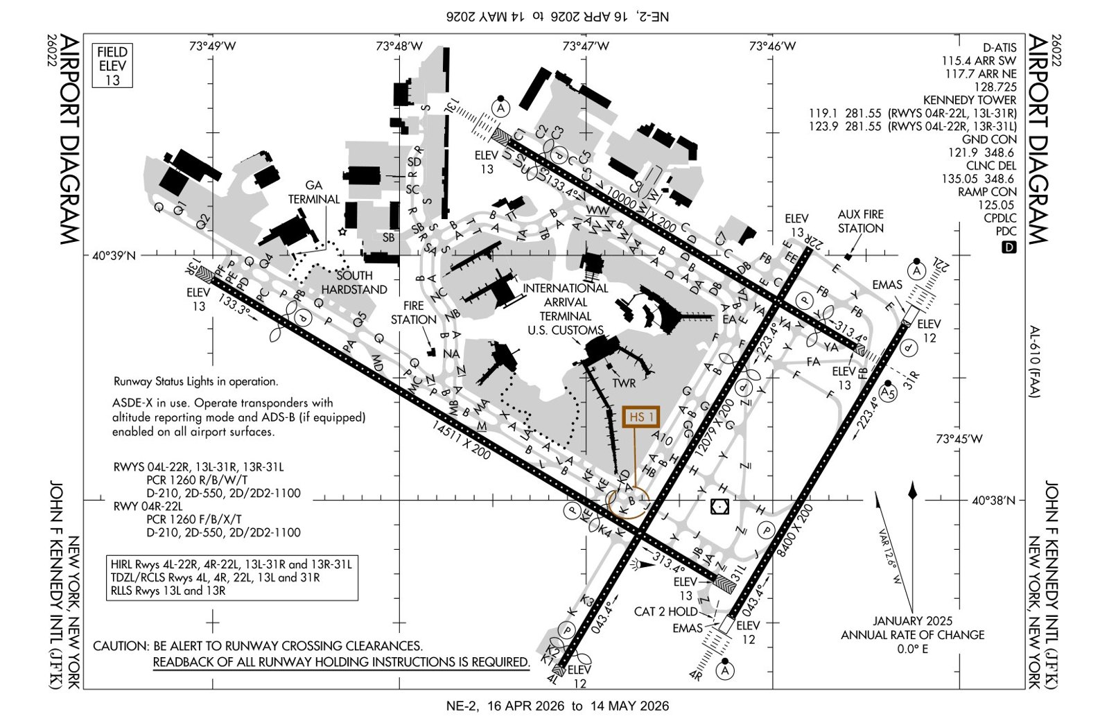 Federal Aviation Administration airport diagram for JFK showing runways, taxiways, and the central terminal area